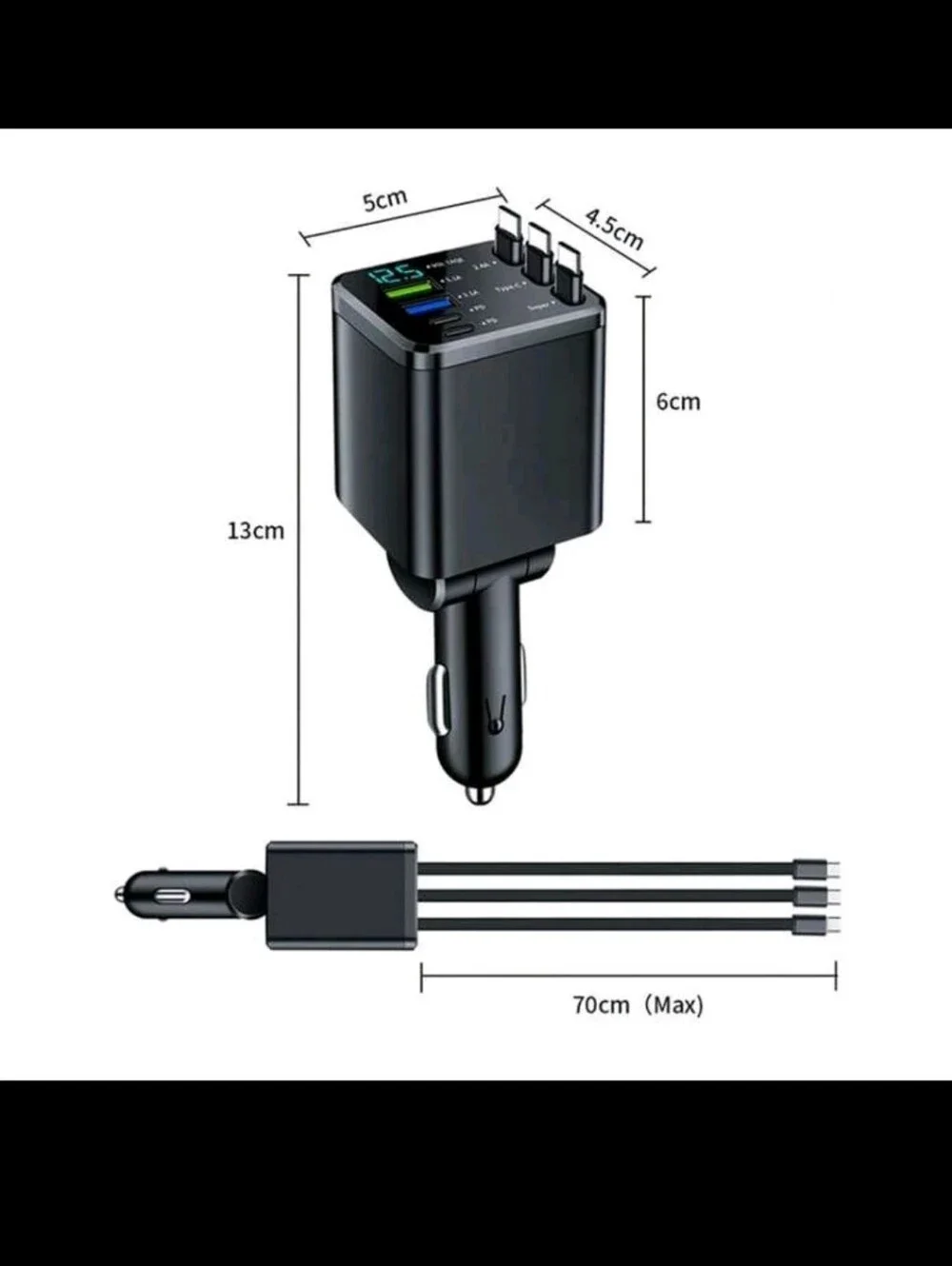 7in 1 Universal Black Car Charger with Multiple USB Ports and Digital Display